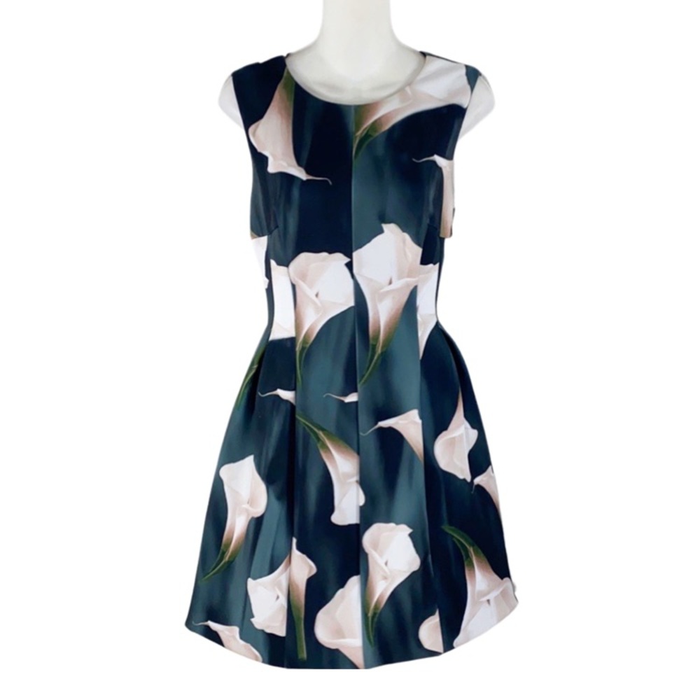 Calvin Klein dark floral print scuba flare dress